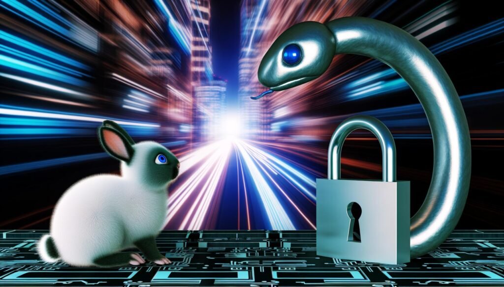 Metaphorisches Bild mit einer metallischen Datenschutz-Schlange, die einem weißen Kaninchen als Symbol für Innovation den Weg im digitalen, europäischen Tech-Umfeld versperrt.