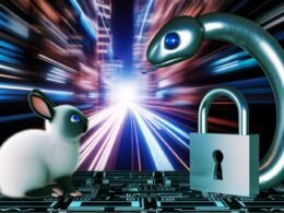 Metaphorisches Bild mit einer metallischen Datenschutz-Schlange, die einem weißen Kaninchen als Symbol für Innovation den Weg im digitalen, europäischen Tech-Umfeld versperrt.