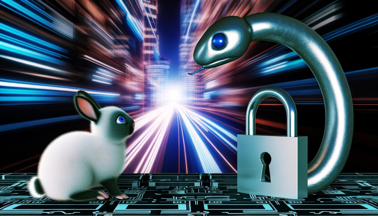Metaphorisches Bild mit einer metallischen Datenschutz-Schlange, die einem weißen Kaninchen als Symbol für Innovation den Weg im digitalen, europäischen Tech-Umfeld versperrt.
