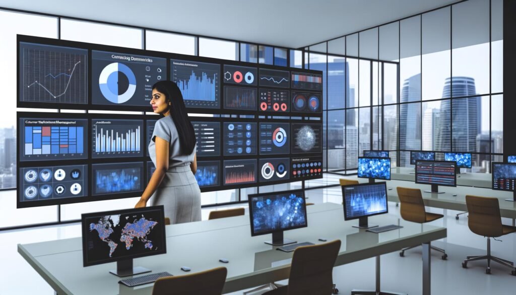 Moderne Kommandozentrale mit großen hochauflösenden Monitoren, die umfangreiche Daten-Dashboards zeigen. Eine fokussierte Person navigiert durch die verschiedenen Visualisierungen, im Hintergrund Glaswände und urbanes Bürodesign.