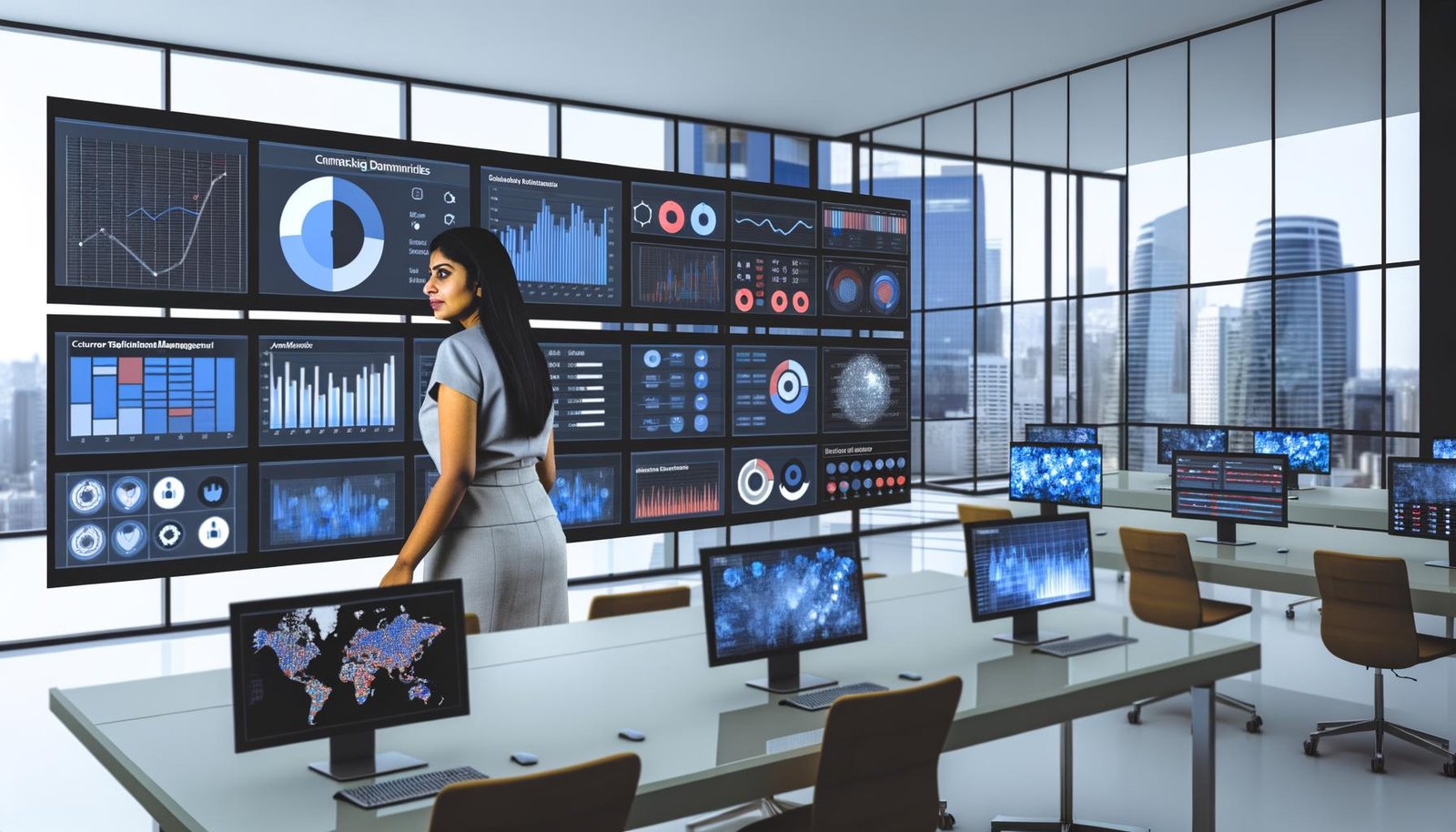 Moderne Kommandozentrale mit großen hochauflösenden Monitoren, die umfangreiche Daten-Dashboards zeigen. Eine fokussierte Person navigiert durch die verschiedenen Visualisierungen, im Hintergrund Glaswände und urbanes Bürodesign.