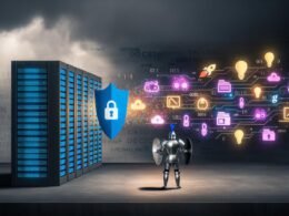 Illustration einer modernen Serverfarm neben einer ritterartigen Datenschutz-Figur mit Schutzschild, die kreative Start-up-Symbole bremst, überragt von Gesetzestext-Wolken.