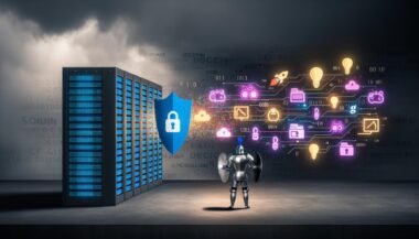 Illustration einer modernen Serverfarm neben einer ritterartigen Datenschutz-Figur mit Schutzschild, die kreative Start-up-Symbole bremst, überragt von Gesetzestext-Wolken.