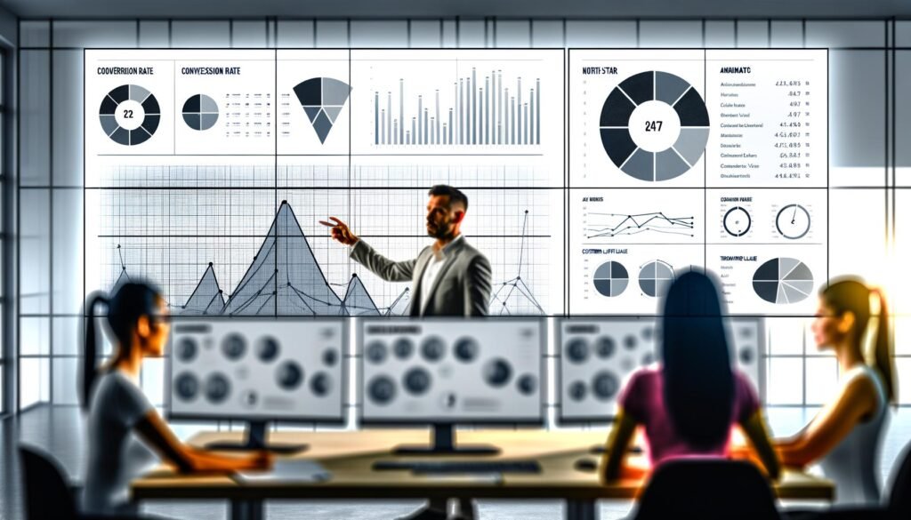 Zwei Marketer arbeiten konzentriert an Data Dashboards in einer modernen Agentur, fokussiert auf zentrale KPIs vor unscharfem Zahlendaten-Hintergrund.