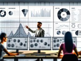 Zwei Marketer arbeiten konzentriert an Data Dashboards in einer modernen Agentur, fokussiert auf zentrale KPIs vor unscharfem Zahlendaten-Hintergrund.