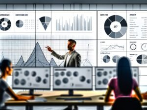 Zwei Marketer arbeiten konzentriert an Data Dashboards in einer modernen Agentur, fokussiert auf zentrale KPIs vor unscharfem Zahlendaten-Hintergrund.