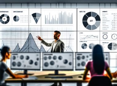 Zwei Marketer arbeiten konzentriert an Data Dashboards in einer modernen Agentur, fokussiert auf zentrale KPIs vor unscharfem Zahlendaten-Hintergrund.