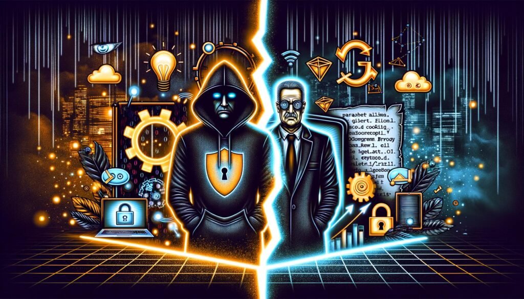 Mutige digitale Cover-Illustration eines Entwicklers mit Laptop und eines Datenschutz-Türstehers vor nächtlicher Stadt, getrennt durch eine leuchtende Grenze und umgeben von Symbolen für Innovation, Datensicherheit und KI.