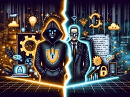 Mutige digitale Cover-Illustration eines Entwicklers mit Laptop und eines Datenschutz-Türstehers vor nächtlicher Stadt, getrennt durch eine leuchtende Grenze und umgeben von Symbolen für Innovation, Datensicherheit und KI.