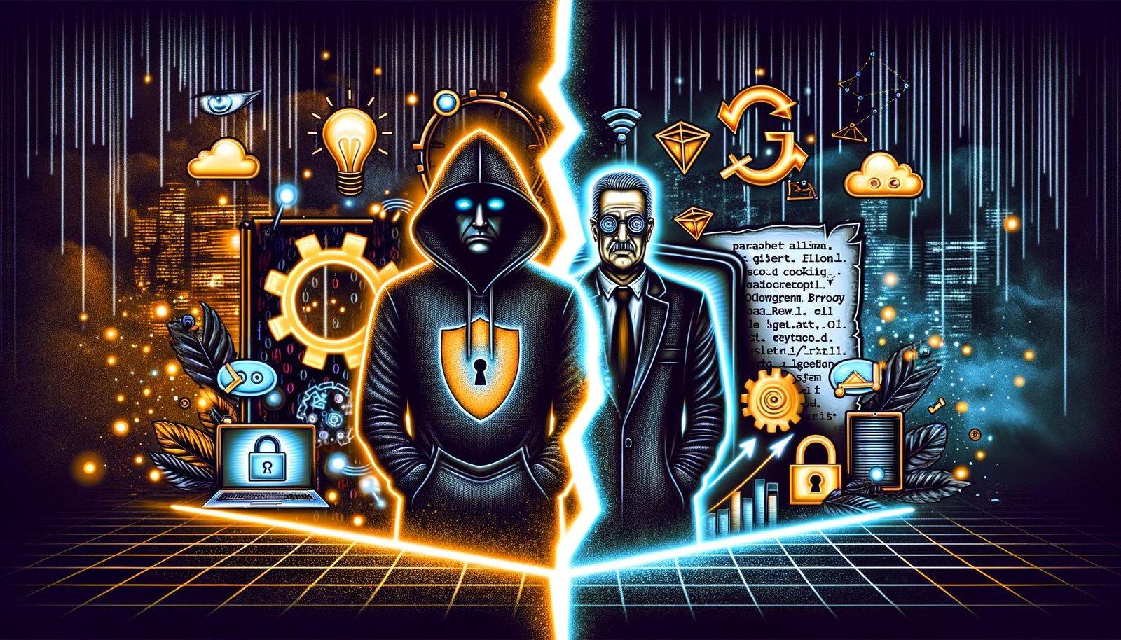 Mutige digitale Cover-Illustration eines Entwicklers mit Laptop und eines Datenschutz-Türstehers vor nächtlicher Stadt, getrennt durch eine leuchtende Grenze und umgeben von Symbolen für Innovation, Datensicherheit und KI.