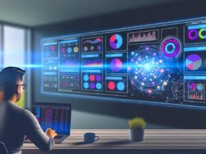 Moderner Arbeitsplatz mit mehreren Bildschirmen, die farbenfrohe, interaktive Data Dashboards zeigen, ein digitaler Marketer arbeitet konzentriert am Laptop, im Hintergrund sichtbare API-Verbindungen und Datenquellen.