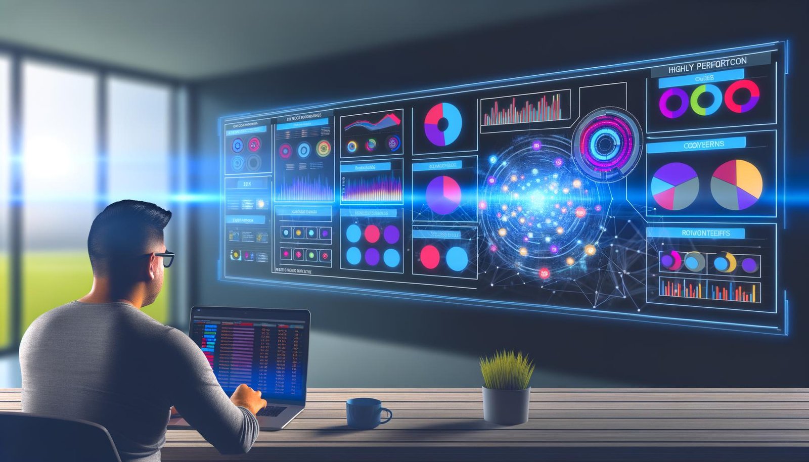 Moderner Arbeitsplatz mit mehreren Bildschirmen, die farbenfrohe, interaktive Data Dashboards zeigen, ein digitaler Marketer arbeitet konzentriert am Laptop, im Hintergrund sichtbare API-Verbindungen und Datenquellen.