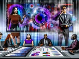 Dynamische Büro-Szene mit digitalem Dashboard, angespannten Führungskräften und verblasster Excel-Tabelle im Stil moderner Digital Art
