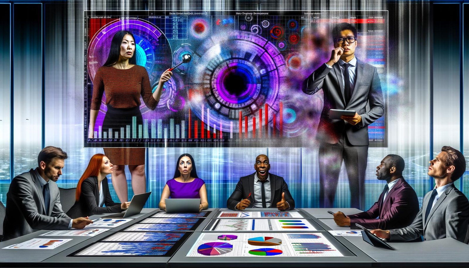 Dynamische Büro-Szene mit digitalem Dashboard, angespannten Führungskräften und verblasster Excel-Tabelle im Stil moderner Digital Art