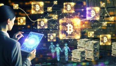 Futuristische Szene mit Content-Elementen, goldenen Blockchain-Blöcken, Person mit Tablet und leuchtendem Smart Contract, vor einem verblassenden Zeitungsstapel und transparenten Ketten.