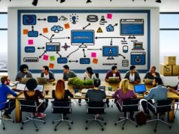 Team aus Entwicklern, Marketern und Content-Profis arbeitet an modernen Integrationen mit Sanity Studio, Webhooks und APIs in einem kollaborativen Workspace.