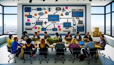 Team aus Entwicklern, Marketern und Content-Profis arbeitet an modernen Integrationen mit Sanity Studio, Webhooks und APIs in einem kollaborativen Workspace.