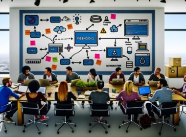 Team aus Entwicklern, Marketern und Content-Profis arbeitet an modernen Integrationen mit Sanity Studio, Webhooks und APIs in einem kollaborativen Workspace.