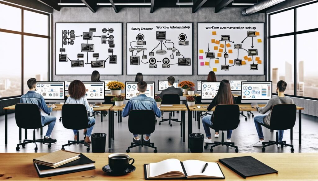 Diverse Marketing-Mitarbeiter:innen arbeiten fokussiert an Laptops mit Dashboards und Workflows in einem modernen Loft-Büro. Im Vordergrund eine Kaffeetasse und ein Notizbuch mit handschriftlichem Titel.