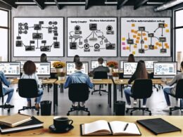 Diverse Marketing-Mitarbeiter:innen arbeiten fokussiert an Laptops mit Dashboards und Workflows in einem modernen Loft-Büro. Im Vordergrund eine Kaffeetasse und ein Notizbuch mit handschriftlichem Titel.