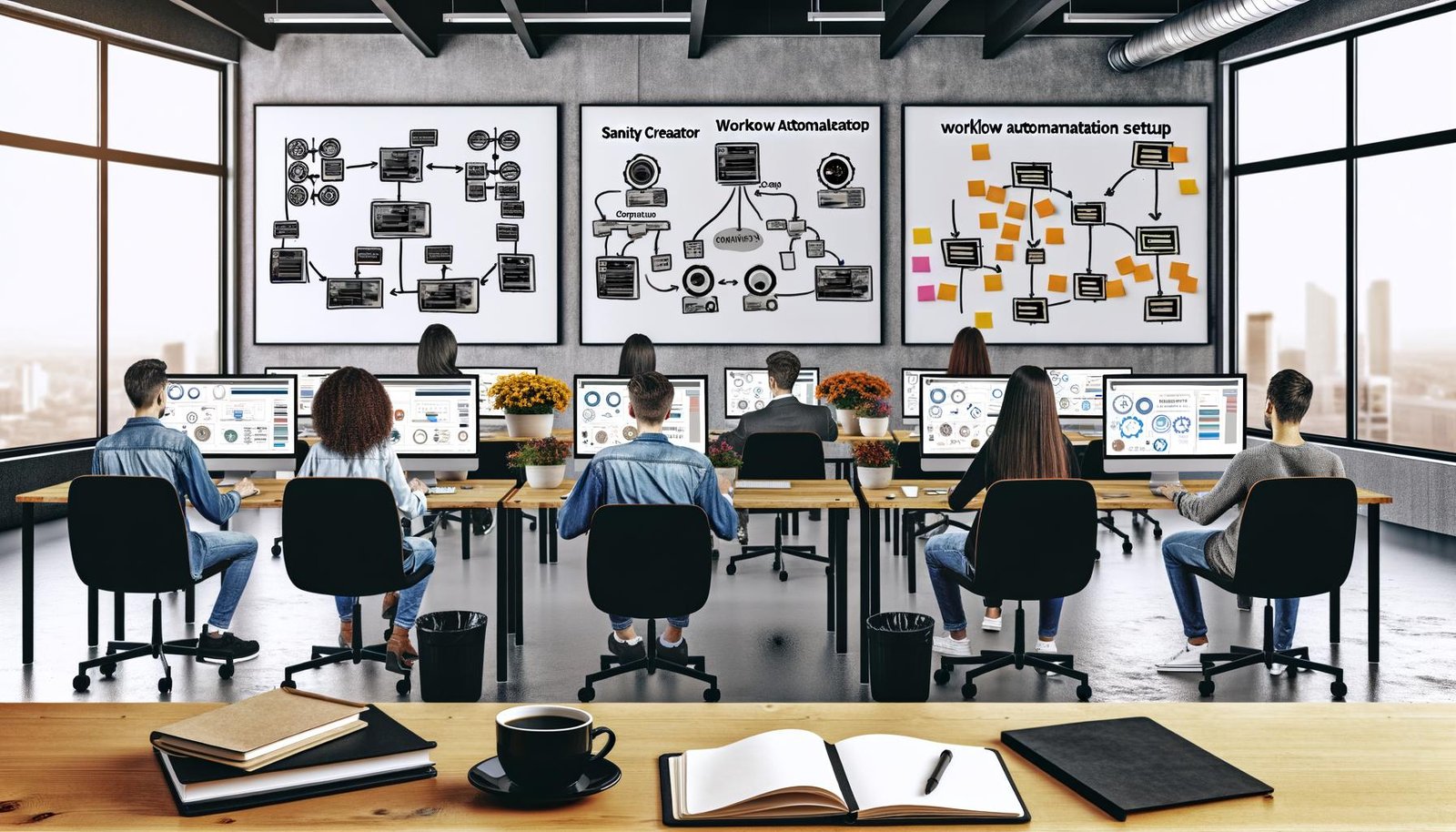 Diverse Marketing-Mitarbeiter:innen arbeiten fokussiert an Laptops mit Dashboards und Workflows in einem modernen Loft-Büro. Im Vordergrund eine Kaffeetasse und ein Notizbuch mit handschriftlichem Titel.