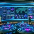 Futuristischer Kontrollraum mit Hologrammen, großen Bildschirmen mit Nutzer-Heatmaps und Team aus Datenexperten beim KI-Content Matching
