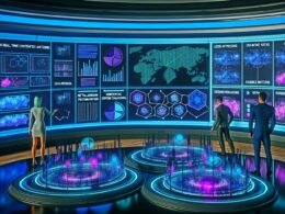 Futuristischer Kontrollraum mit Hologrammen, großen Bildschirmen mit Nutzer-Heatmaps und Team aus Datenexperten beim KI-Content Matching