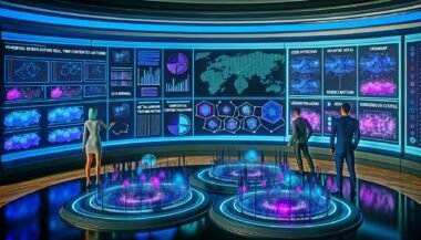 Futuristischer Kontrollraum mit Hologrammen, großen Bildschirmen mit Nutzer-Heatmaps und Team aus Datenexperten beim KI-Content Matching