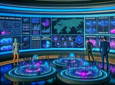 Futuristischer Kontrollraum mit Hologrammen, großen Bildschirmen mit Nutzer-Heatmaps und Team aus Datenexperten beim KI-Content Matching