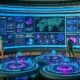 Futuristischer Kontrollraum mit Hologrammen, großen Bildschirmen mit Nutzer-Heatmaps und Team aus Datenexperten beim KI-Content Matching