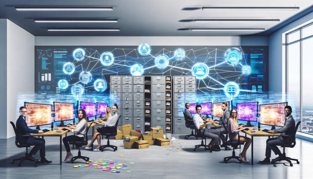 Moderne Marketingagentur ohne Papier, mit Computern voller farbiger Datenverbindungen und automatisierten Workflows, große digitale Dashboards an den Wänden und ein verlassener Aktenschrank im Hintergrund.