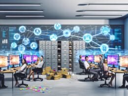 Moderne Marketingagentur ohne Papier, mit Computern voller farbiger Datenverbindungen und automatisierten Workflows, große digitale Dashboards an den Wänden und ein verlassener Aktenschrank im Hintergrund.