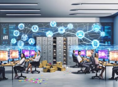 Moderne Marketingagentur ohne Papier, mit Computern voller farbiger Datenverbindungen und automatisierten Workflows, große digitale Dashboards an den Wänden und ein verlassener Aktenschrank im Hintergrund.