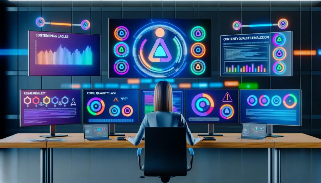 Technologisches Büro mit mehreren Bildschirmen voller Dashboards, Qualitätsmetriken und KI-Symbole. Ein Operator kontrolliert Content-Qualität, Plagiat und SEO-Daten mit digitaler Effizienz.