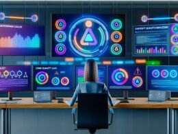 Technologisches Büro mit mehreren Bildschirmen voller Dashboards, Qualitätsmetriken und KI-Symbole. Ein Operator kontrolliert Content-Qualität, Plagiat und SEO-Daten mit digitaler Effizienz.