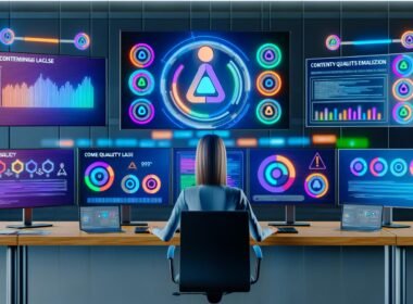 Technologisches Büro mit mehreren Bildschirmen voller Dashboards, Qualitätsmetriken und KI-Symbole. Ein Operator kontrolliert Content-Qualität, Plagiat und SEO-Daten mit digitaler Effizienz.
