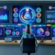 Technologisches Büro mit mehreren Bildschirmen voller Dashboards, Qualitätsmetriken und KI-Symbole. Ein Operator kontrolliert Content-Qualität, Plagiat und SEO-Daten mit digitaler Effizienz.