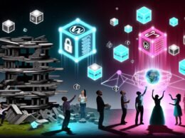 Tech-Illustration mit verlassenen WordPress und Typo3 Ruinen, während das moderne Sanity Content Studio in leuchtenden Farben mit API-, Datenmodell- und Sicherheits-Icons emporsteigt. Profis konfigurieren Module in einer digitalen Zukunftslandschaft.