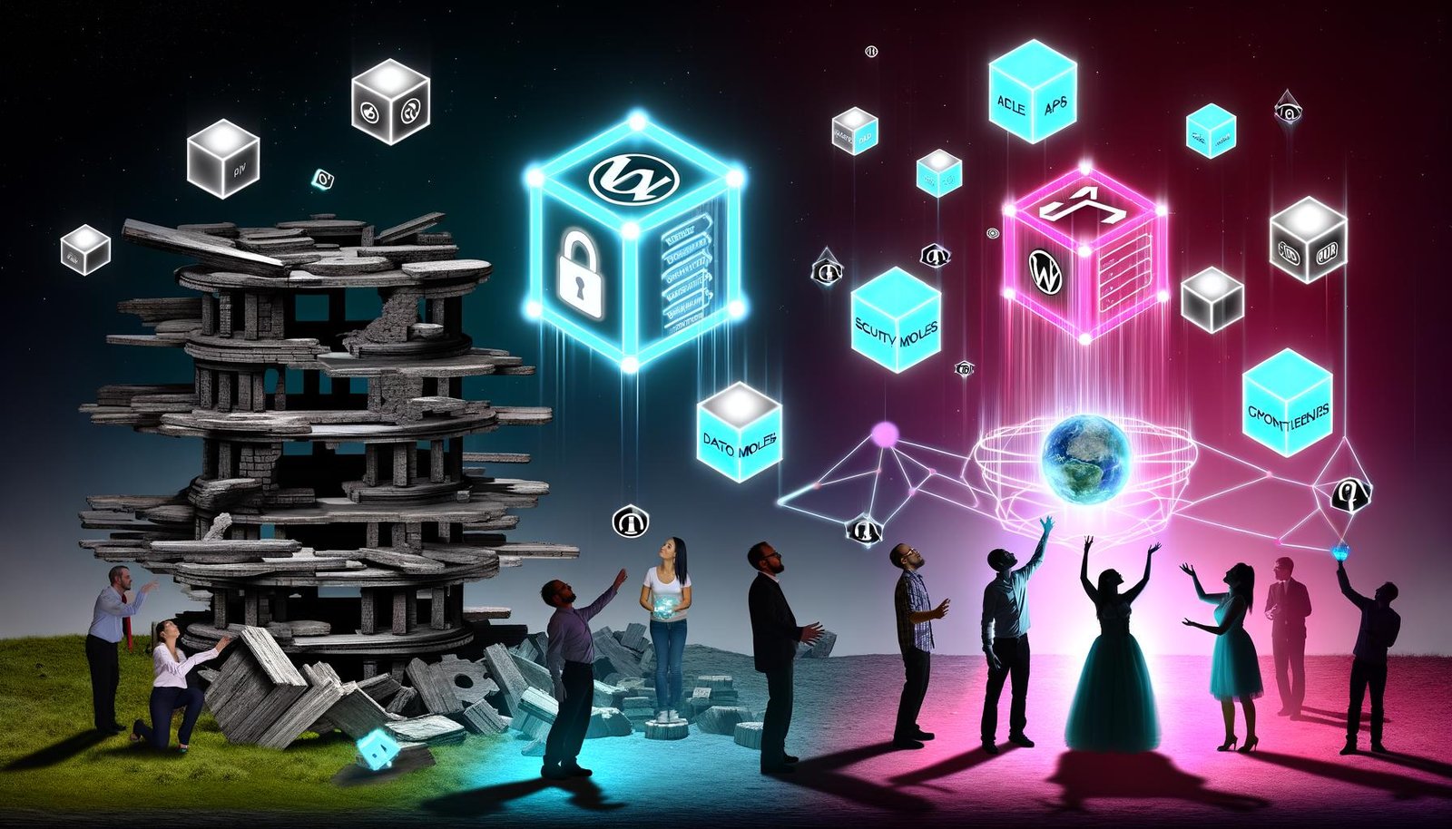 Tech-Illustration mit verlassenen WordPress und Typo3 Ruinen, während das moderne Sanity Content Studio in leuchtenden Farben mit API-, Datenmodell- und Sicherheits-Icons emporsteigt. Profis konfigurieren Module in einer digitalen Zukunftslandschaft.