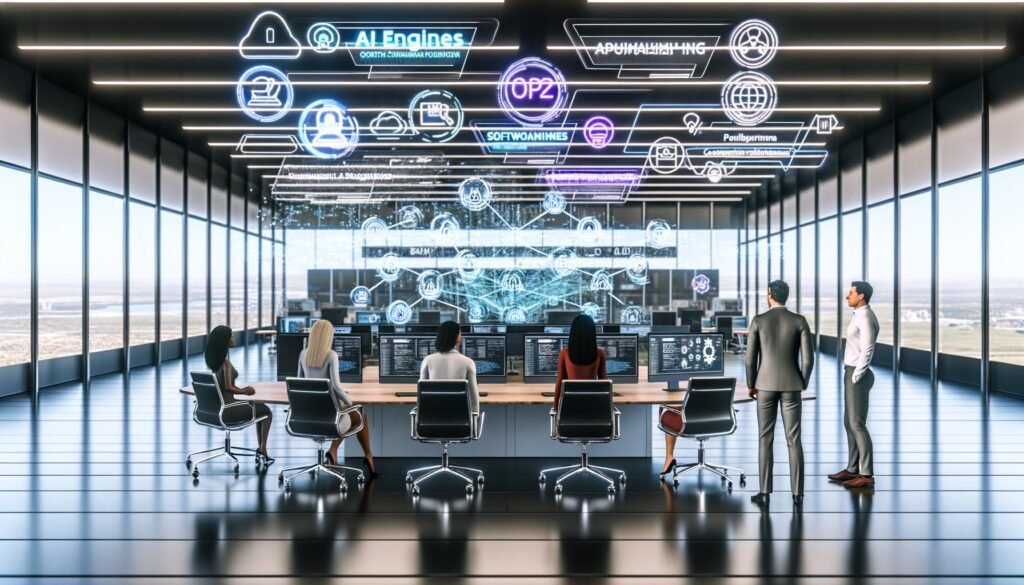 Futuristisches Open-Plan-Büro mit digitalem Dashboard, das automatisierte Workflows zwischen KI-Engines, Content-Management und Performance-Metriken anzeigt