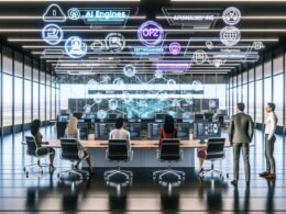Futuristisches Open-Plan-Büro mit digitalem Dashboard, das automatisierte Workflows zwischen KI-Engines, Content-Management und Performance-Metriken anzeigt