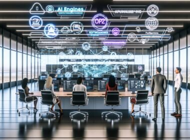 Futuristisches Open-Plan-Büro mit digitalem Dashboard, das automatisierte Workflows zwischen KI-Engines, Content-Management und Performance-Metriken anzeigt