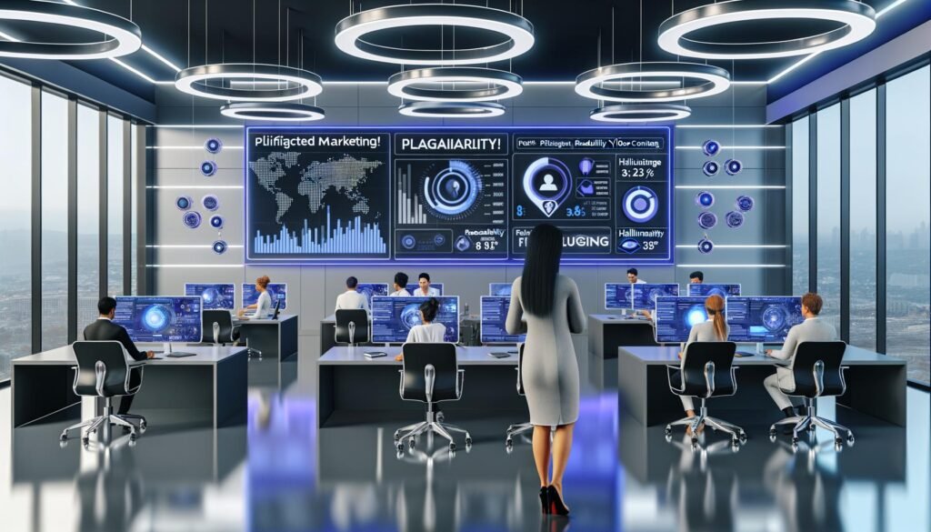 Marketer arbeitet in moderner Redaktion an Monitoren mit interaktiven Dashboards, KI-Symbolen und Warnmeldungen für Plagiat und Vertrauenswürdigkeit.