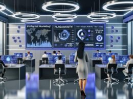 Marketer arbeitet in moderner Redaktion an Monitoren mit interaktiven Dashboards, KI-Symbolen und Warnmeldungen für Plagiat und Vertrauenswürdigkeit.