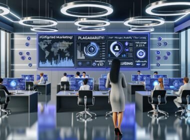Marketer arbeitet in moderner Redaktion an Monitoren mit interaktiven Dashboards, KI-Symbolen und Warnmeldungen für Plagiat und Vertrauenswürdigkeit.