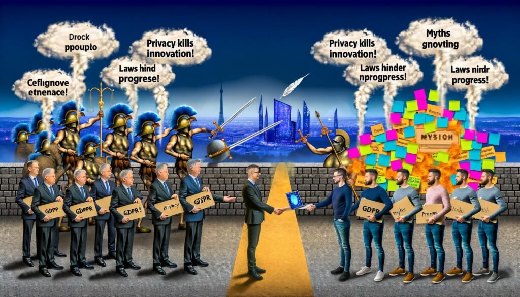 Illustration eines symbolischen Streits zwischen Datenschützern und Technikern mit DSGVO-Akten, Innovationstools und Mythen-Sprechblasen, verbunden durch eine leuchtende Datenbrücke vor einer digitalen Skyline Europas.