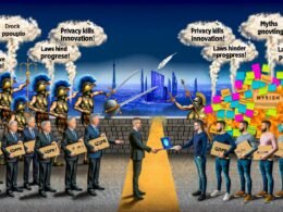 Illustration eines symbolischen Streits zwischen Datenschützern und Technikern mit DSGVO-Akten, Innovationstools und Mythen-Sprechblasen, verbunden durch eine leuchtende Datenbrücke vor einer digitalen Skyline Europas.