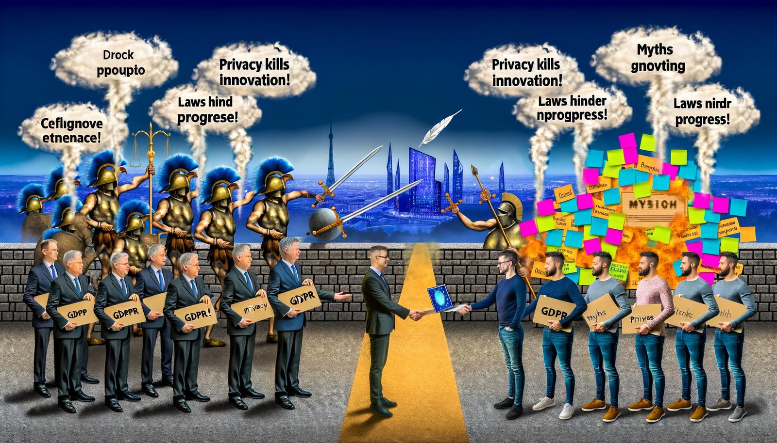 Illustration eines symbolischen Streits zwischen Datenschützern und Technikern mit DSGVO-Akten, Innovationstools und Mythen-Sprechblasen, verbunden durch eine leuchtende Datenbrücke vor einer digitalen Skyline Europas.