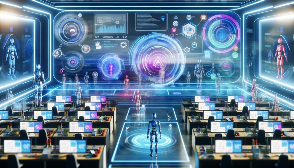 Ultramodernes Control-Center mit digitalem Dashboard, vernetzten Arbeitsplätzen, Menschen und KI, zentralem Dashboard und kreativen Workflows für Text, Bild und Video.