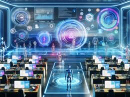 Ultramodernes Control-Center mit digitalem Dashboard, vernetzten Arbeitsplätzen, Menschen und KI, zentralem Dashboard und kreativen Workflows für Text, Bild und Video.